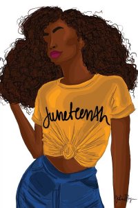 Faceless art of black woman wearing blue jeans and yellow shirt that says Juneteenth by Winnie Weston