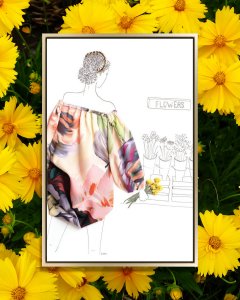 Mixed media art of sketch of woman facing flower stand wearing pink floral fabric dress by icanvas artist Kelly Lottahall