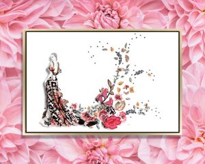 Mixed media art of sketch of woman wearing black and pink floral dress by icanvas artist Kelly Lottahall