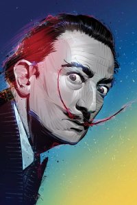 Hispanic Heritage art of portrait of Salvador Dali with blue background by iCanvas artist Nikita Abakumov