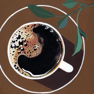 Ariel view painting of a mug of coffee.