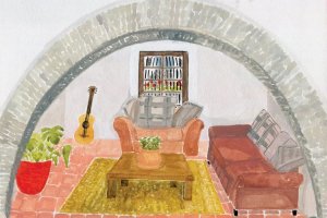 Hispanic Culture art of watercolor living room with guitar on wall by iCanvas artist Caroline Chessia