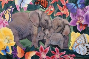 Family of elephants surrounded by flowers and butterflies.