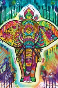Standing elephant adorned with several colors and patterns