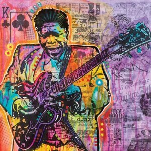 Blues music art reimagined colorful portrait of B.B. King with newspaper and cards in background by iCanvas artist Dean Russo