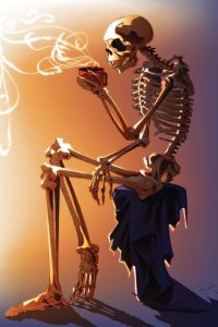 Skeleton sitting down and drinking a steaming mug of coffee.