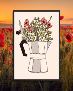 Poppy flowers emerging from the top of a coffee pot.