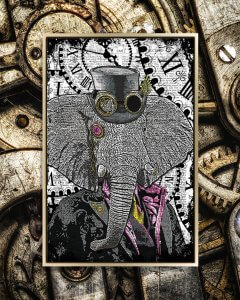 Portrait of an steampunk elephant in a top hat and suit against clocks.