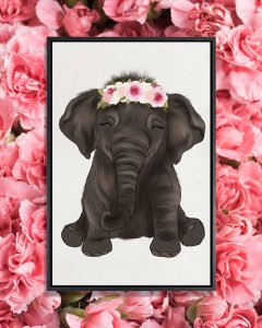 Baby elephant smiliing and wearing a crown of pink flowers