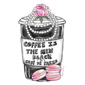 A black to-go coffee mug with the phrase "coffee is the new black" surrounded by pearls, a rose, and pink macaroons.