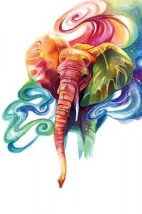 Colorful elephant surrounded by swirls.