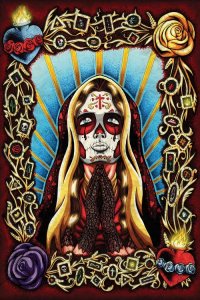 Hispanic heritage art of woman with skull on face in red robe praying by iCanvas artist Nicholas Ivans