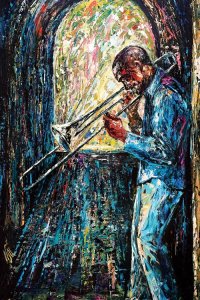 Blues music art of man leaning against wall playing trombone by iCanvas Artist Natasha Mylius