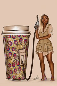 Woman standing with a gas pump attached to a giant cup of coffee.