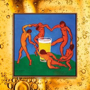 Art gift for beer lovers of reimagined Matisse "Dance" with red bodies dancing around a pint of beer by Scott Clendaniel