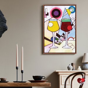 Beer art of two teku glasses of beer, one light, one dark, with Kandinsky-like shapes behind by Scott Clendaniel