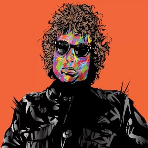 Blues music art colorful portrait of Bob Dylan on orange background by iCanvas artist TECHNODROME1