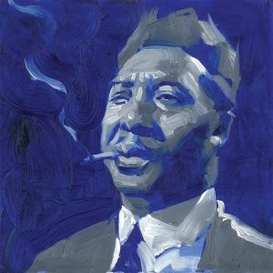 Blues music art portrait of Muddy Waters smoking a cigarette on blue background by iCanvas artist Tony Pro