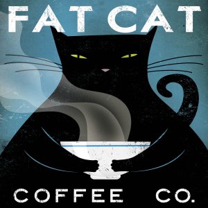 Black cat holding a steaming mug of coffee with the words "Fat Cat Coffe Co"