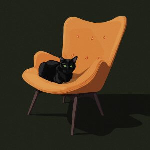 Black cat sitting on a retro orange chair.