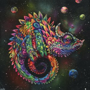 Colorful lizard with many patterns with a background of outer space.