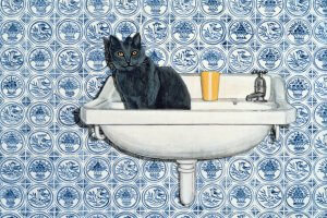 Black cat sitting in a white bathroom sink against blue and white tiles.