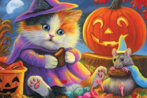 Cat and mouse in witch costumes eating candy in front of a jack-o-lantern.