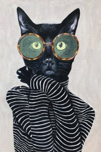 Black cat wearing large circular glasses and striped turtleneck.