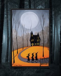 Three witches walking to a black house with an orange yard at night.