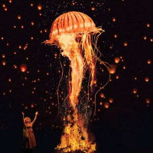 Jellyfish rising from a bonfire