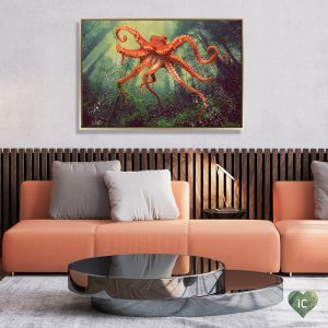 A large orange squid swimming in a forest.