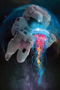 An Astronaut holding a blue jellyfish in space.