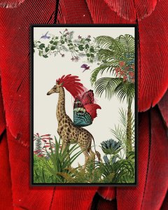 Giraffe in a jungle with large red feathers on its head and butterfly wings on its back.