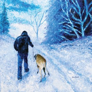The back of a person and their dog walking down a snow-covered path.
