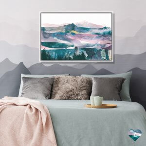Teal and pink abstract mountain range landscape.