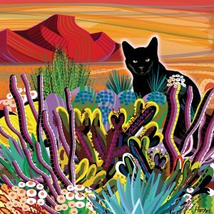 Black cat sitting behind colorful plants in the desert.