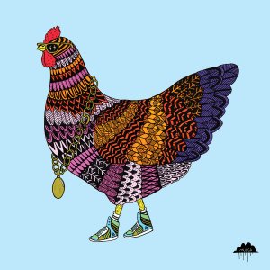 Multicolored chicken with a necklace and sneakers on a blue background.