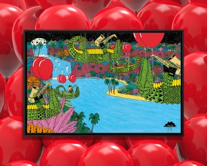 Crocodiles floating with red balloons playing trumpets over a river.