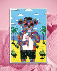 Koala with sunglasses, a hat, and swim trunks eating ice cream on a yellow beach.