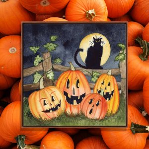 A black cat sitting on a fence behind jack-o-lanterns during a full moon.
