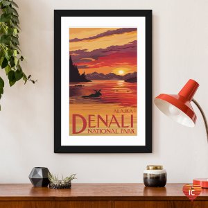 Poster of Denali National Park with moose swimming in a lake.