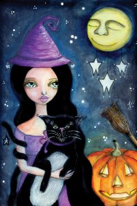 A witch in a purple dress and hat holding a black cat.