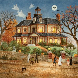 Children trick or treating in front of a large house with ghosts and bats.