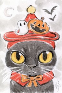 A black cat wearing an orange hat with a ghost and pumpkin on it.