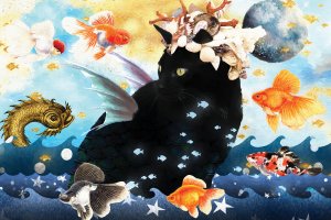 Black cat mermaid surrounded by fish and wearing a crown of shells.