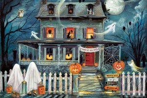 Children in ghost costumes holding hands in front of a haunted house.