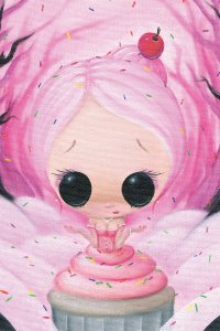 Woman with pink hair and black eyes popping out of a pink cupcake