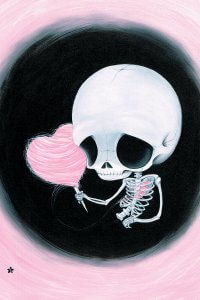 Skeleton with pink, heart shaped cotton candy on a black background.