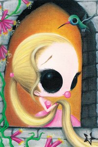 Rapunzel with large, black eyes and a pink dress in her tower looking outside.
