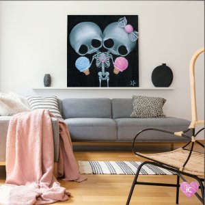 A two headed skeleton with a pink heart holding blue and pink ice cream cones on a black background.